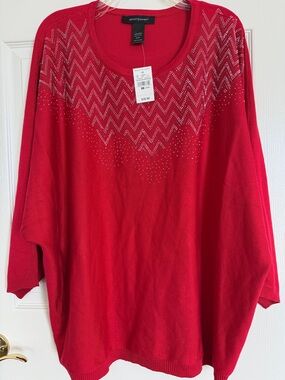 New! Ashley Stewart Red Scoop Neck Knit Sweater with Chevron Detail, Size 22/24